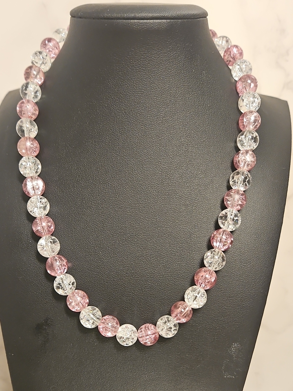 Handmade Pink And Clear Beaded Glass Necklace.